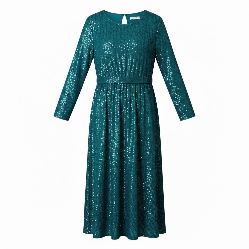 Maggy London Teal Sequin Long Sleeve Dress Keyhole Back Evening Gown